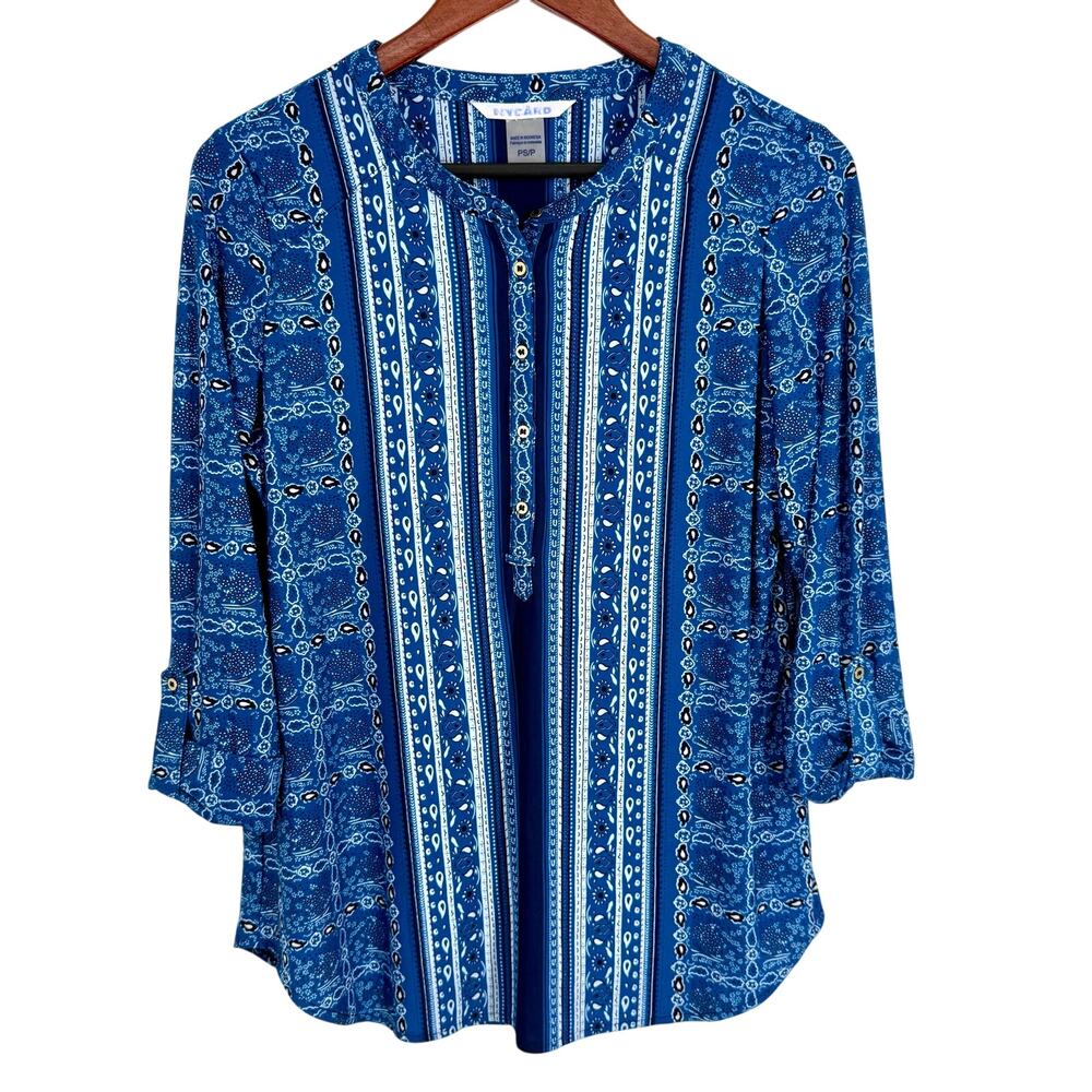 Nygard Womens Sz PS Petite Small Blue Artsy Blouse Shirt Top Business Formal